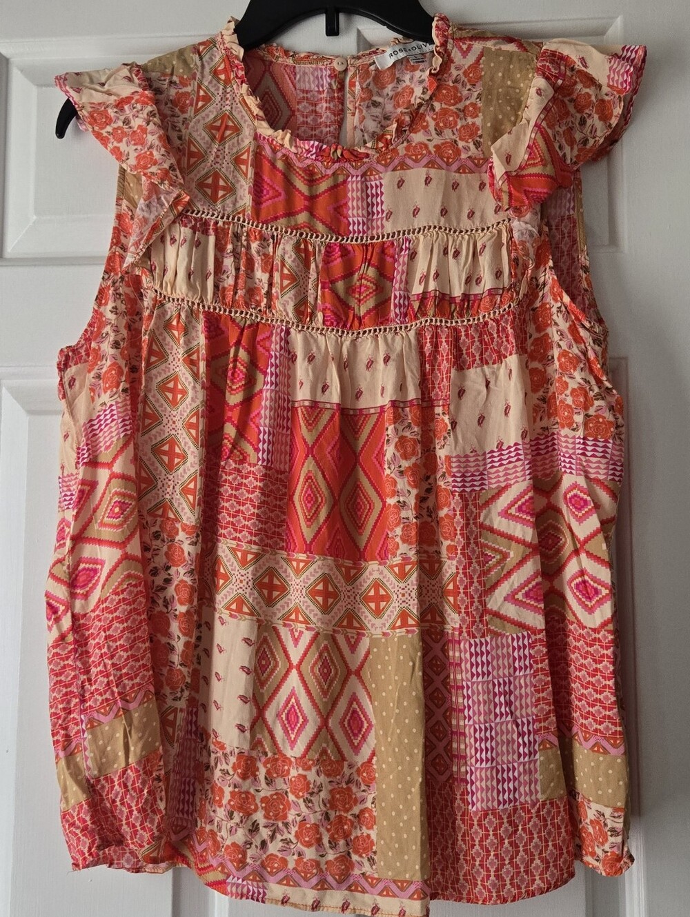 Rose & Olive Patchwork Ruffle Boho Top Size 12–14 - Picture 2 of 5